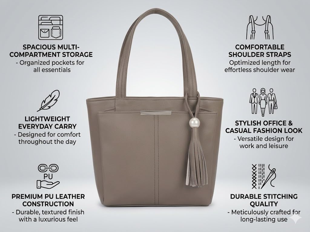 PAVILONN Women Tote Bag Ladies Handbag Shoulder Office Shopping Work Laptop PU Leather Brown Travel College Daily Use Designer Large Stylish Fashion Zipper Commuter Gift (GREY 3)