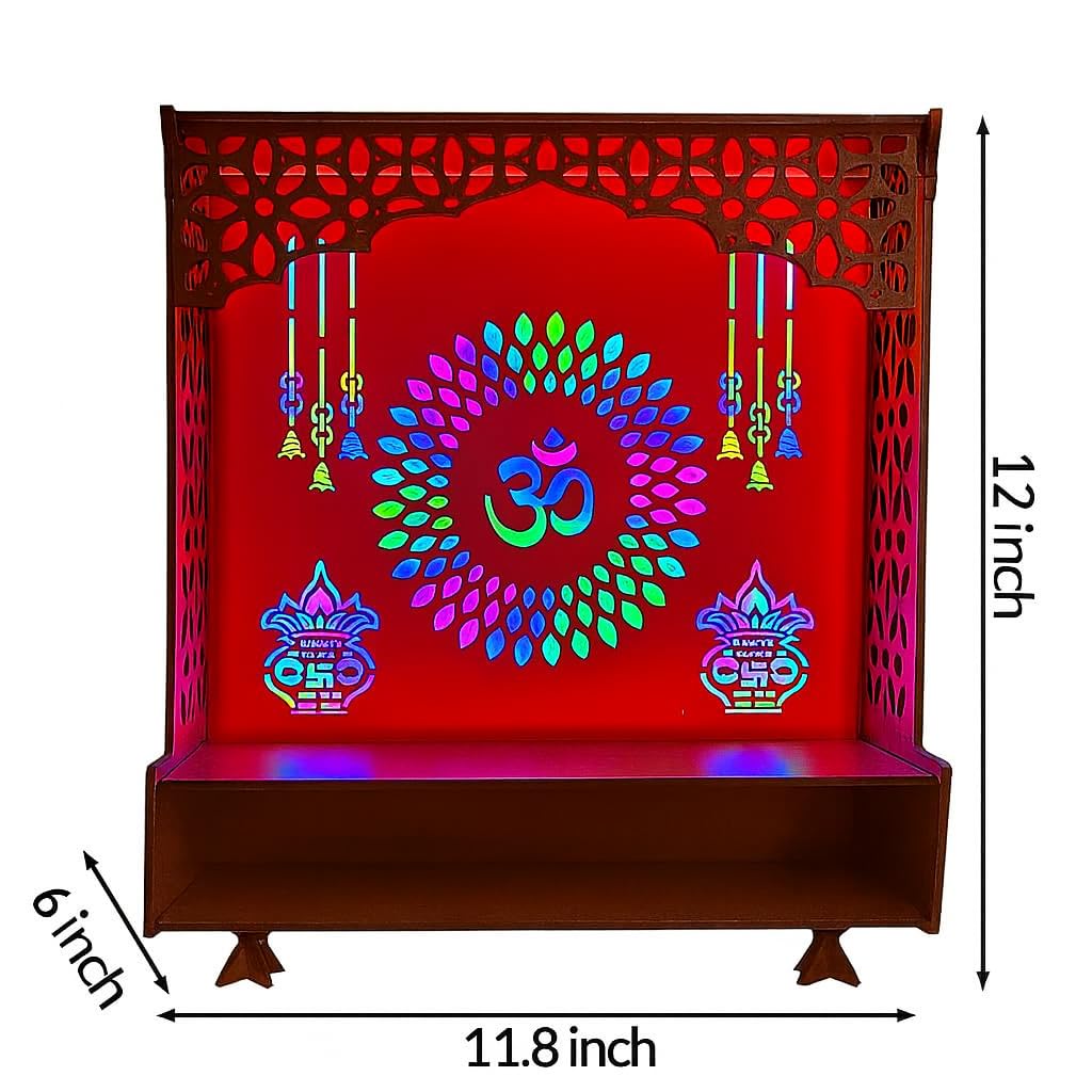 Wooden LED Light Pooja Mandir with Om Symbol and Kalash Design | Wall Mounted or Table Top Temple for Home | Decorative MDF Temple with Laser Cut Design & Drawer