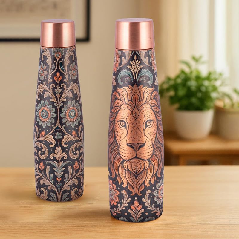 Vip luxe Copper Bottle | Lion Motif | UV Printed Design | Pure Copper Water Bottle for Health & Wellness | 900 ml Capacity