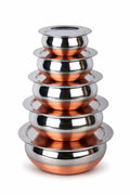 GlamourShop Stainless Steel Copper Base Serving Bowls Handi Set of 5 Pieces, Handi Set with Serving Bowl Set/Cookware Set/Sauce Pot and Handis (5 Handi with Lid's)