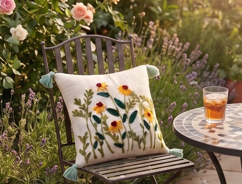 Furnistitchs Handmade Tufted Boho Cushion Covers 12x12 Inches | Embroidered Sofa Pillow Cases | Rustic Bohemian Decorative Throw Cushions for Couch Bedroom Living Room (2, Natural Flower Cut)