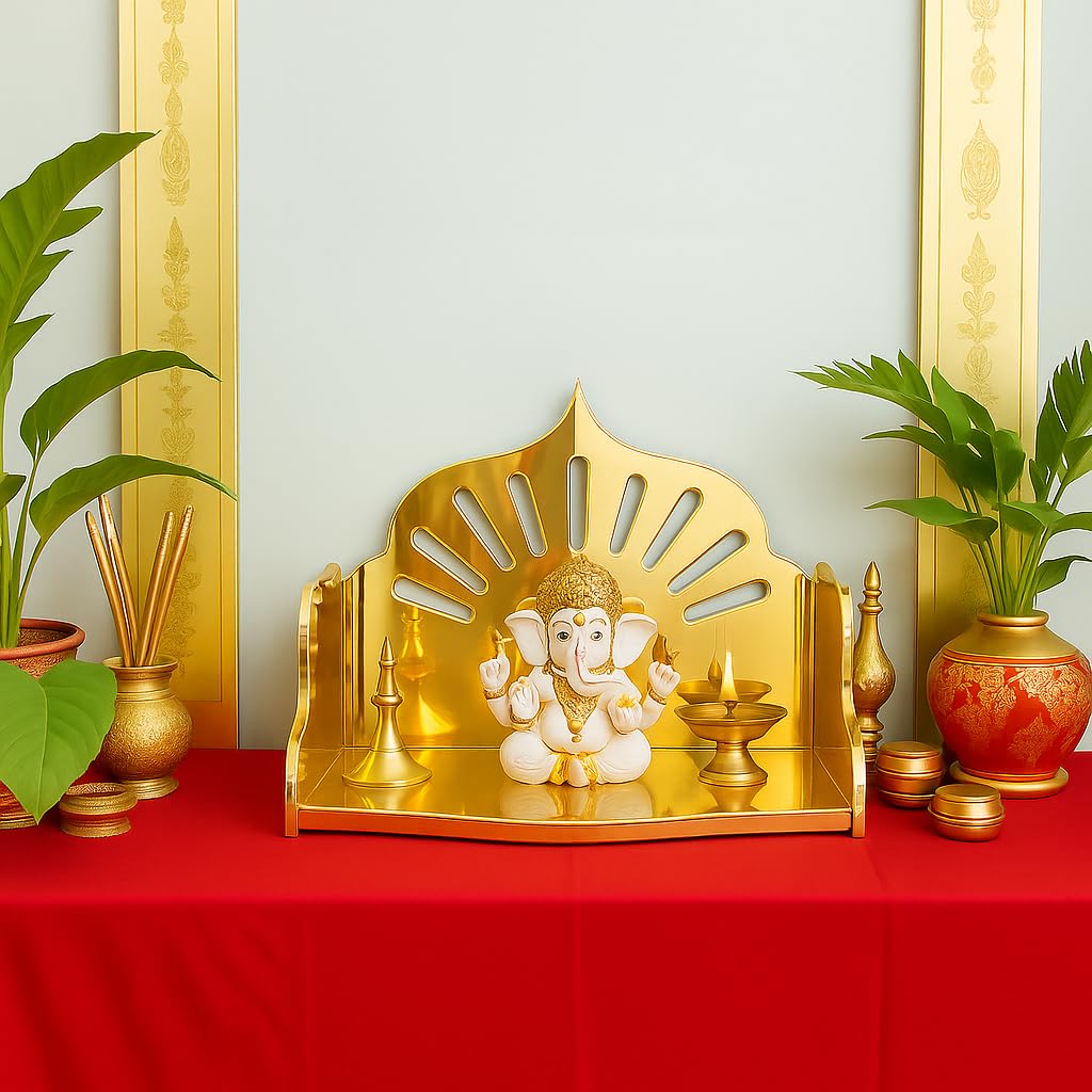 Fliptic Small Acrylic Wooden Gold Temple DIY || Wall-Mounted Pooja Mandir, Shining Finish for Home, Office, Shop || Wall Mounted Small Size Wooden Temple || Gold Colour || Do It Yourself