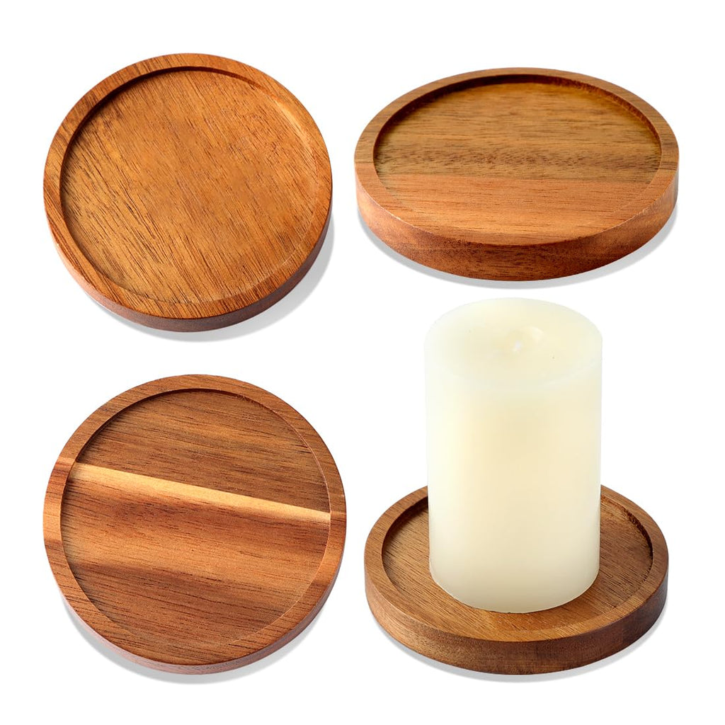 Wood Candle Holder Farmhouse Decor - HALE OTEIR Wooden Pillar Candles Tray for Pillar Floating Candles Set of 4 Round Wooden Plate Pedestal Stand for Coffee Table for Christmas Decor