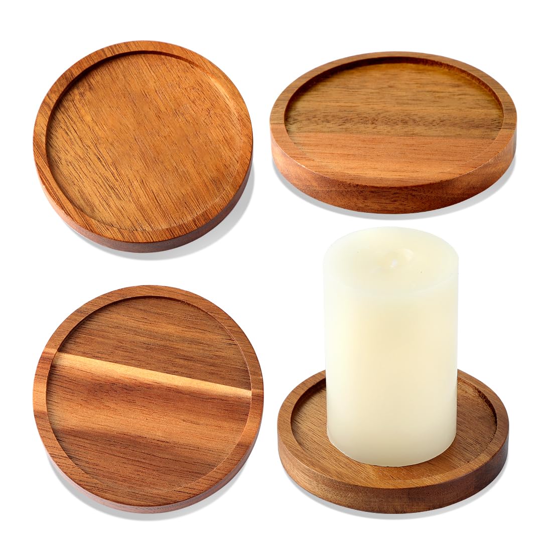 Wood Candle Holder Farmhouse Decor - HALE OTEIR Wooden Pillar Candles Tray for Pillar Floating Candles Set of 4 Round Wooden Plate Pedestal Stand for Coffee Table for Christmas Decor