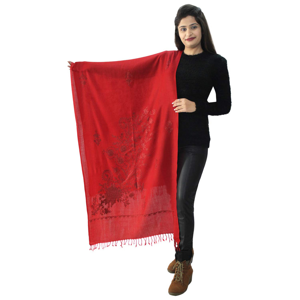 HAUTEMODA Women's Pashmina Wool Kashmiri Embroidered Stole (Ad002Arre27_Red_Medium)