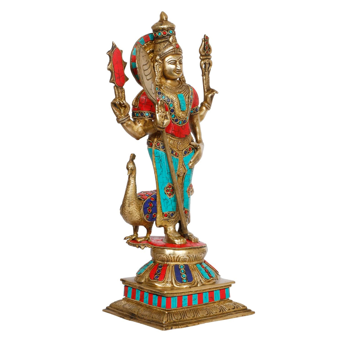 ARTVARKO Lord Murugan Kartikeya Murugana Kumaraswamy Karthikeya Multicolor Big Brass Standing Idol with Peacock Swaminatha Skanda Murti Swami Ji Subrahmanya Swamy Height 18 Inch