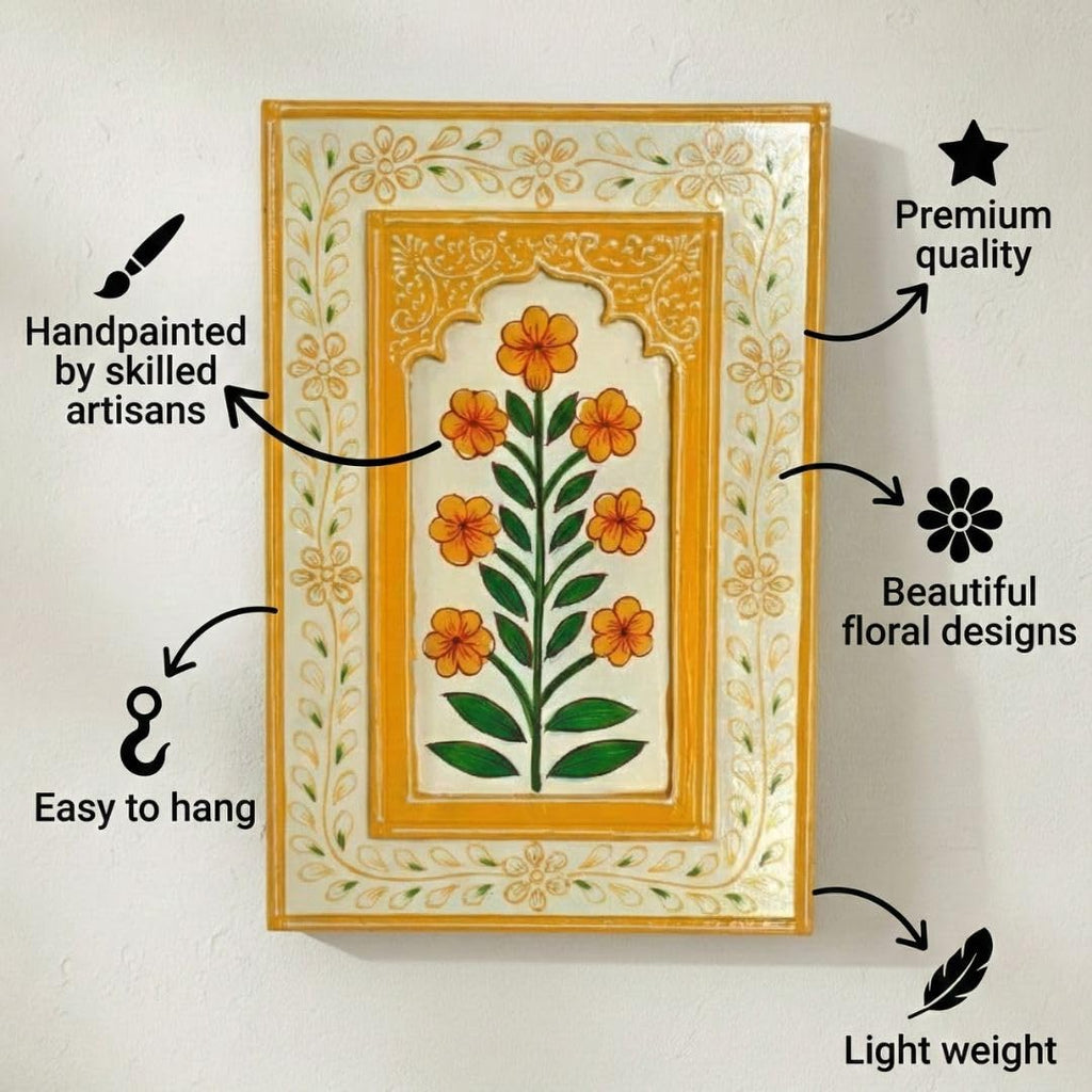 ATRANGI STUDIO Marigold Yellow Wooden Wall Frame | Handpainted Jharokha Style Floral Wall Hanging | Rajasthani Traditional Art | Framed Wall Painting for Living room, Bedroom, Office | 12×8 Inch
