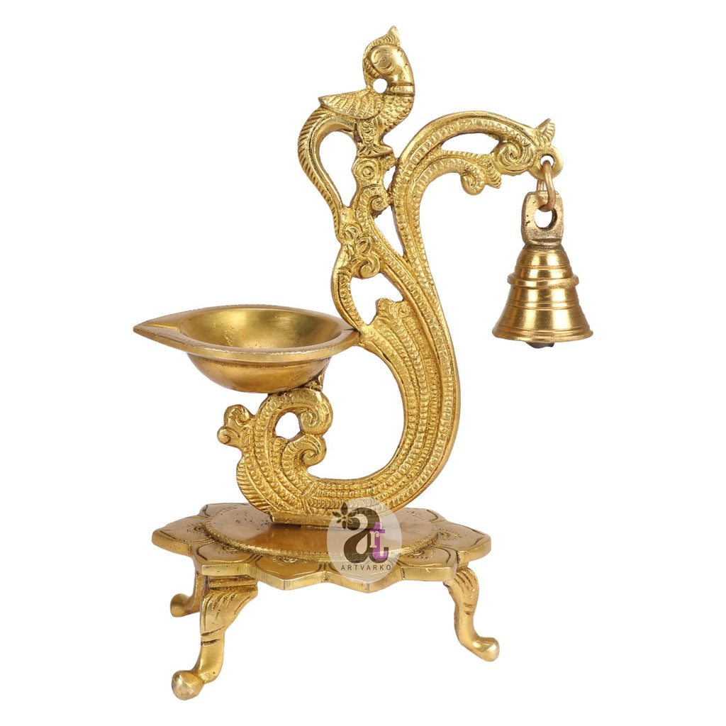 Artvarko Brass Bird Peacock Traditional Hanging Bell Diya Oil Lamp Stand Diwali Puja Home Office Temple , 8 Inches
