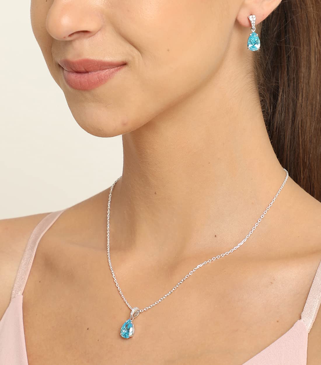 Clara 925 Silver Sky Blue Tear Drop Pendant Earring Chain for Women & Girls