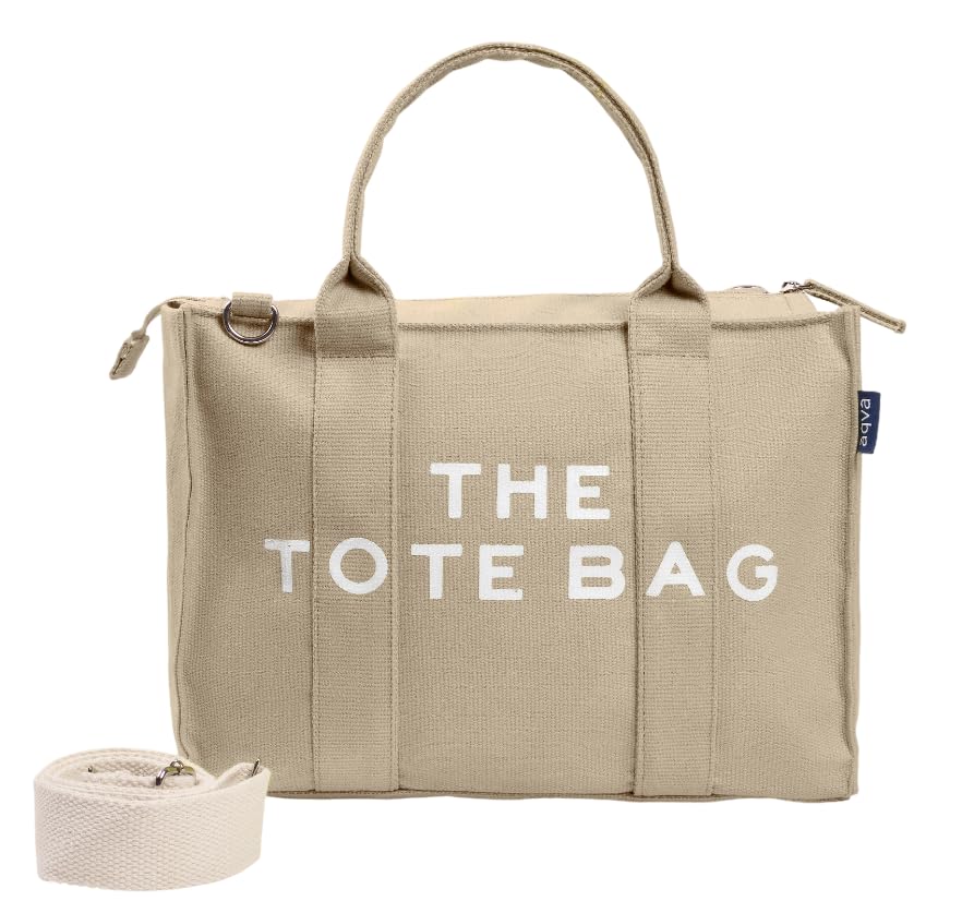 AQVA Printed Cotton Canvas Tote Bag with Detachable Sling Strap for Women | Large Capacity | Stylish Multipurpose Handbag with Zipper | Shoulder Bag for Laptop, Office & Travel (Kraft)
