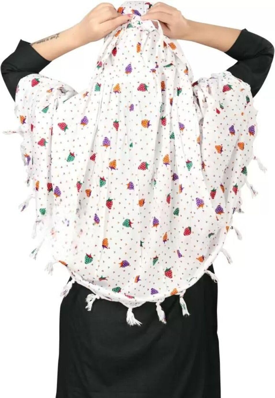 Vinsh Enterprise Cotton Long Scarf Cum Mask Scarves Usable for Vehicle Driver | White Printed Design | Universal Size | For Girl & Women | Soft & Breathable Sun Protection (STRAWBERRY)