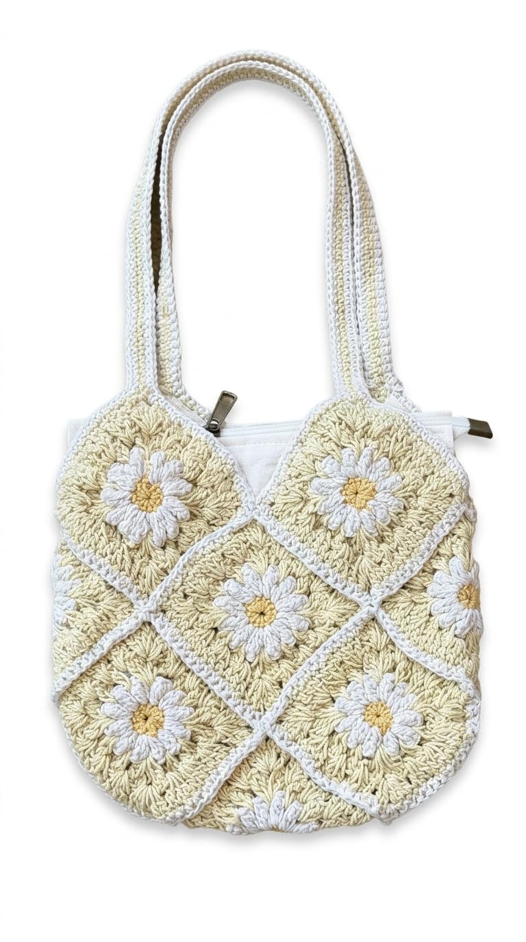 ATICUE Handcrafted Stylish Cotton Yarn Handknitted Crochet Bag with with Lining and Zipper Closure for Women (9x10 Inch) (Beige)