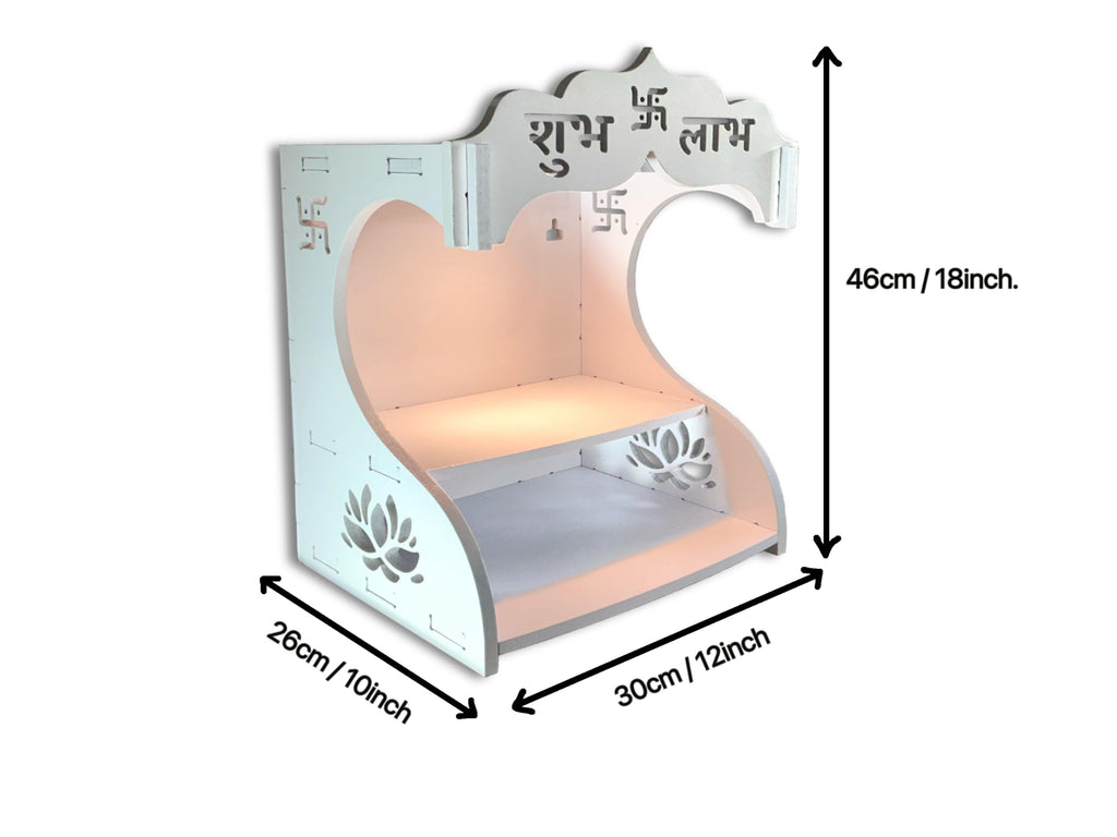 UPASKAR WOOD WORKS Mandir Temple for Home, Office and Shop,Size (H-18 inch, L-10 inch, W-12 inch) | LED spot Light | Wall Hanging | Free Standing | 6 feet Cable with Plug | 10mm Thick Board