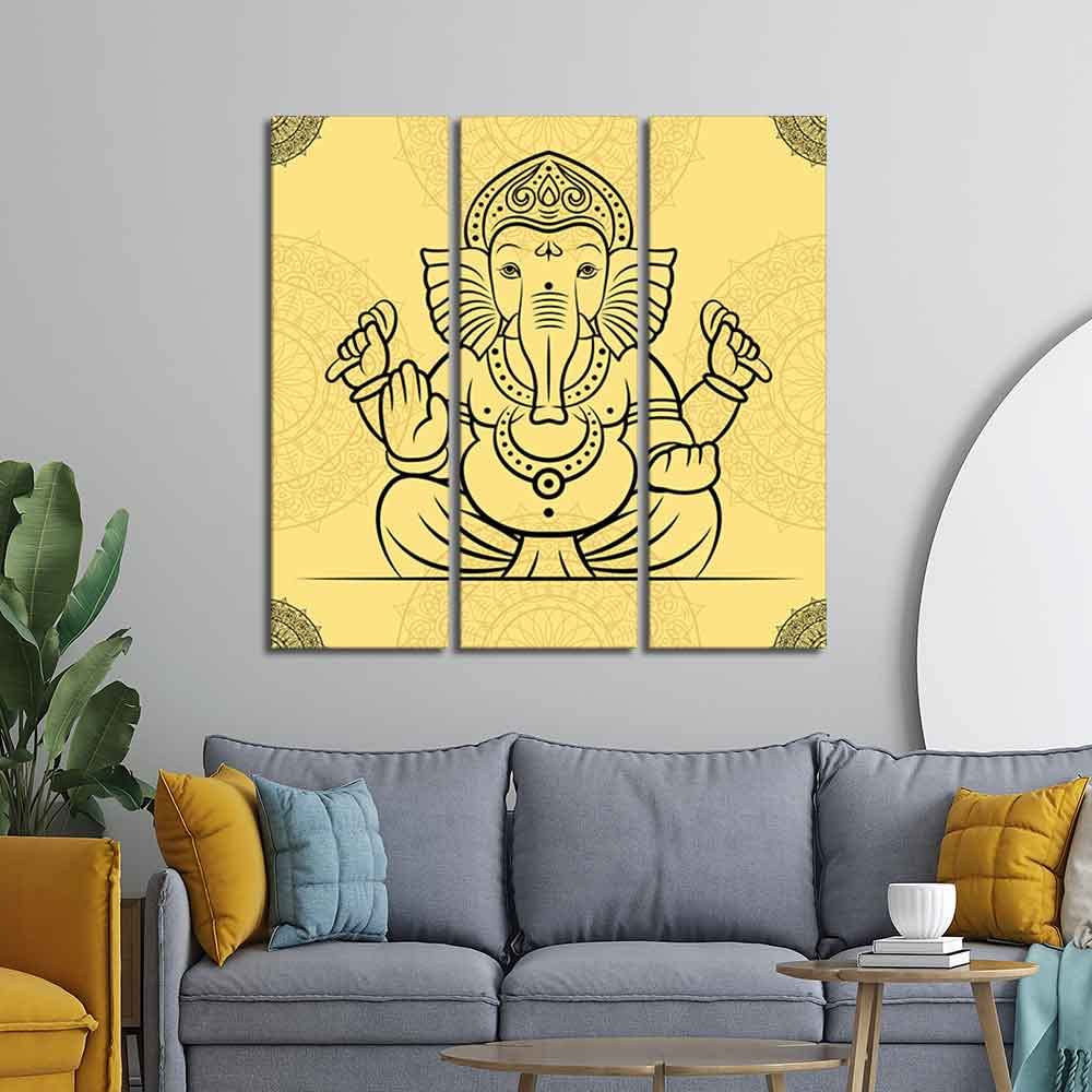 VIBECRAFTS 3 Pieces Ganesh Ji Canvas Wall Painting Fitted With Wooden Frame For Home | Office | Living Room | Gifts (PTVC3Pcs1_9580)