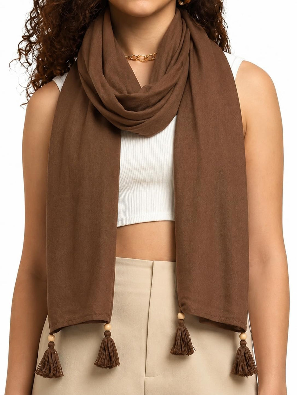 NSQE Cotton Scarf|Scarf for Women|Cotton Stole|Soft Beach Wrap|Tassel Design|Easily fits 180 * 50cm | Full Face Cover, Head, Hair Face Protection, Sun Protection, Export quality (Cofee Scarf)