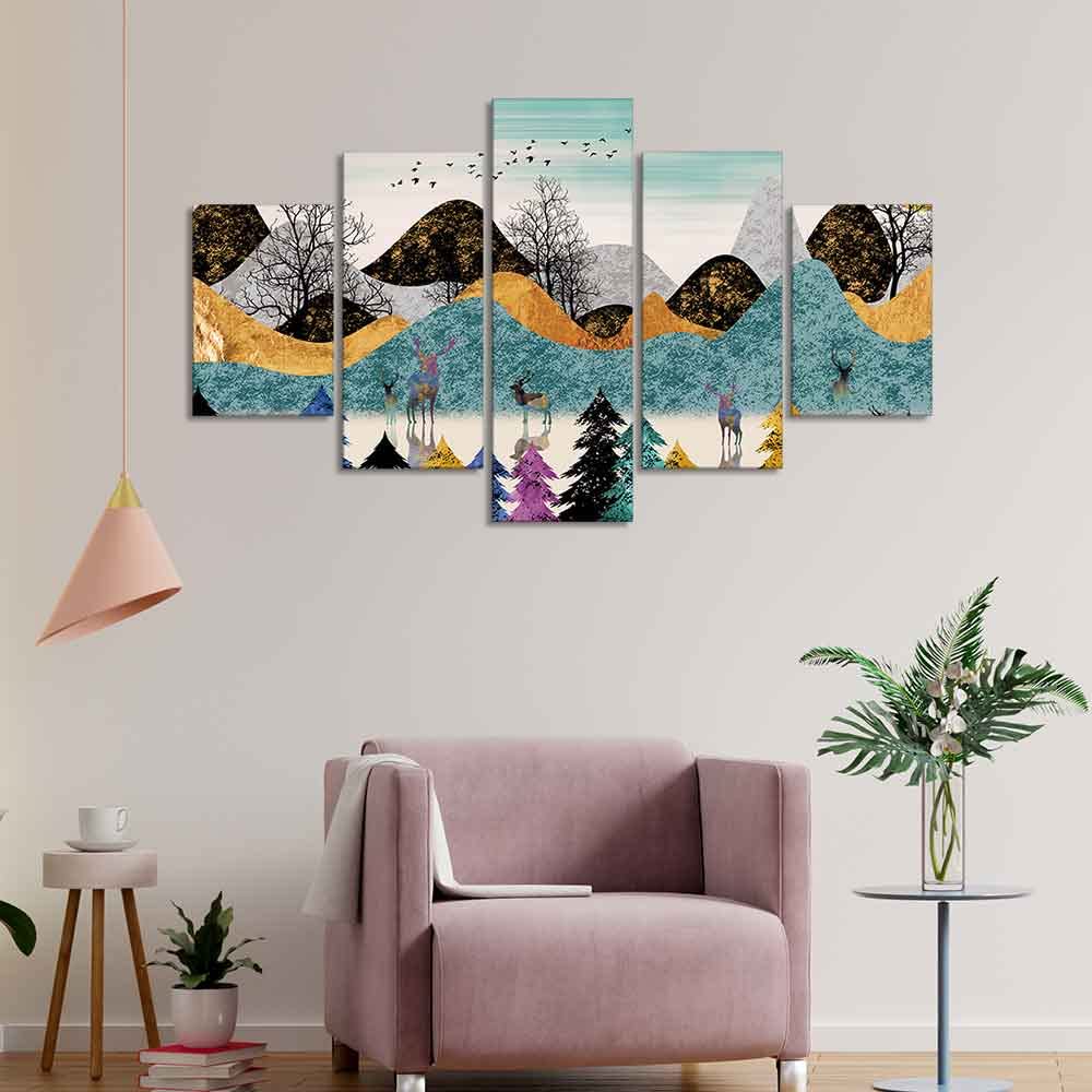 VIBECRAFTS Modern Art Forest Premium Wall Painting Five Pieces Set For Home|Office|Living Room|Gift (PTVC5Pcs1_5531)