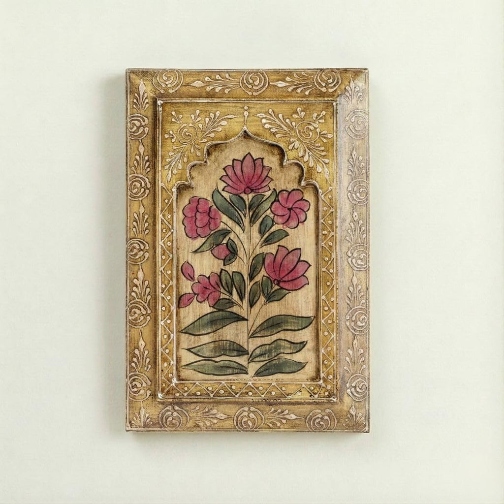 ATRANGI STUDIO Handpainted Wooden Wall Frame | Rajasthani Traditional Craft | Decorative Floral Wall Hanging Art for Living room, Bedroom, Office | 12×8 Inch, Yellow