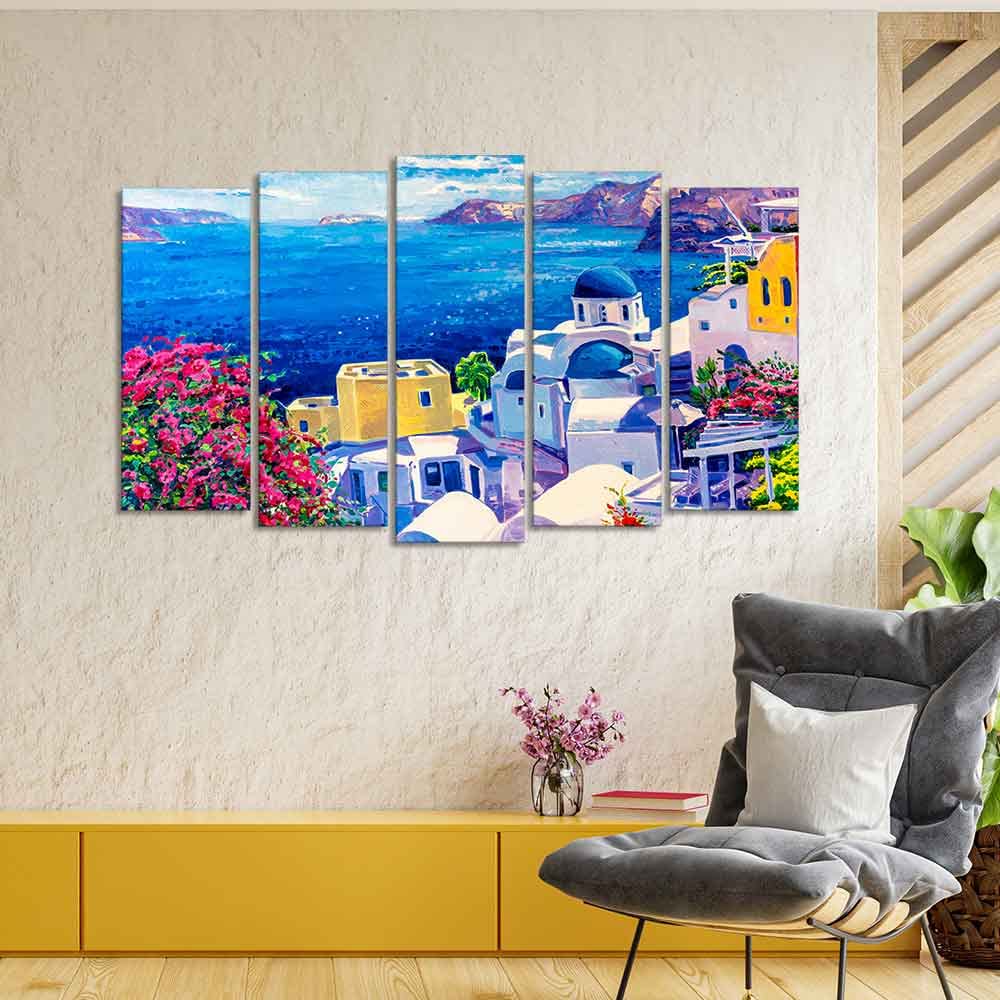 VIBECRAFTS Premium Canvas Wall Painting of Greek Scenery of Five Pieces Set For Home|Office|Living Room|Gift (PTVC5Pcs2_6631)