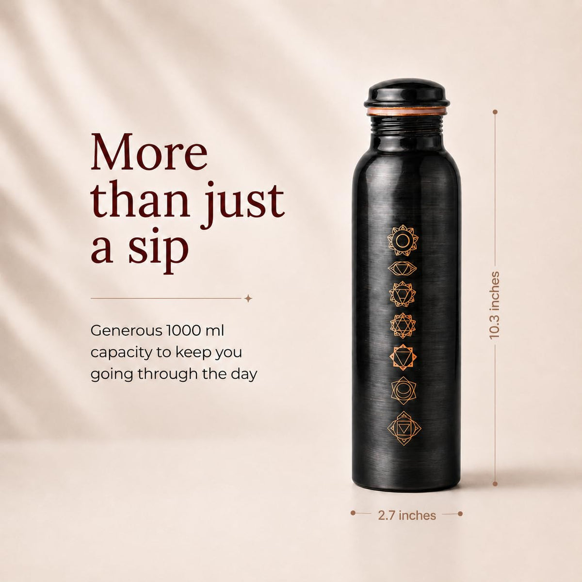 AURASHIE Pure Copper Water Bottle 1 Litre with Sacred (7 Chakras) Geometry Design | BPA Free & Leak Proof | Copper-Infused Water | Durable & Rust Proof | Ayurveda Health Benefits - (Antique Black)