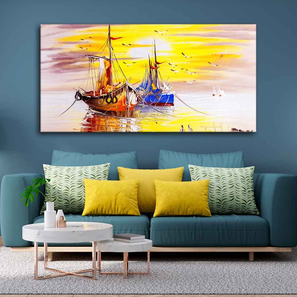 VIBECRAFTS Sailing Ships on the Ocean in Beautiful Sunset Premium Canvas Wall Painting With Frame for Living Room Drawing Room Home|Office|Gift (PTVCH_2207)