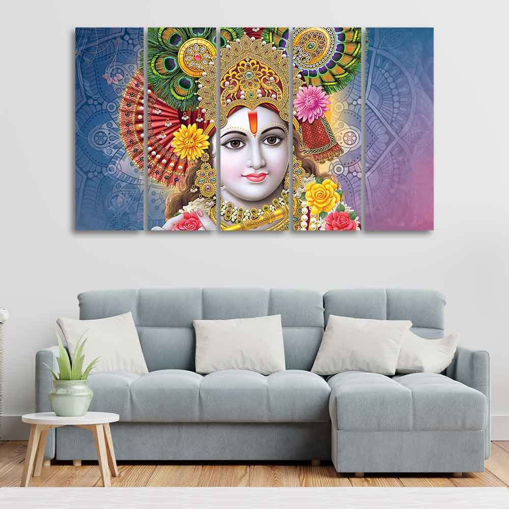 VIBECRAFTS Kanha Ji Canvas Wall Painting of Five Pieces For Home|Office|Living Room|Gift (PTVC5Pcs4_8730)