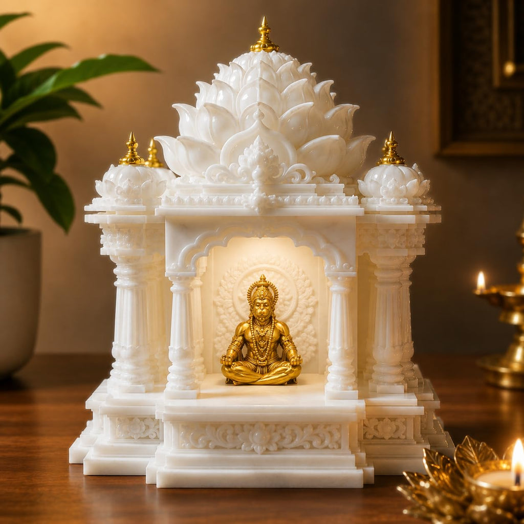 Premium Lotus Mandir for Home Decor | LED Temple | Customizable (Hanuman, Ivory, Small)