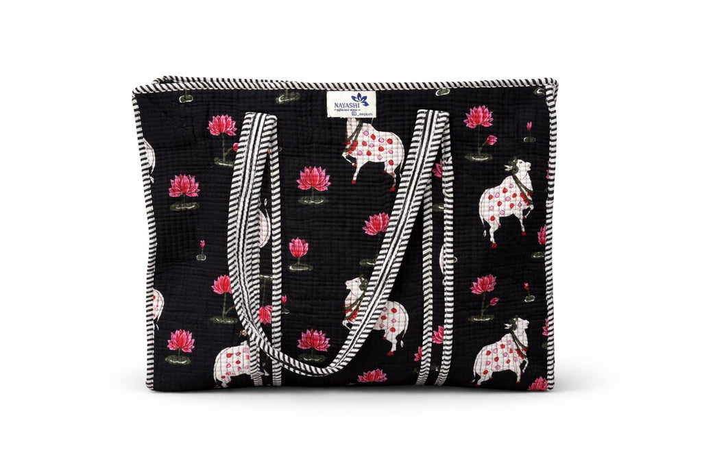 NAYASHI Big Size Printed Cotton Tote Bag | Pichwai Quilted Design | Inner & Mini Pocket | Heavy Metal Zipper | Shopping, Office & Travel | Midnight Black | 18 x 18 Inches