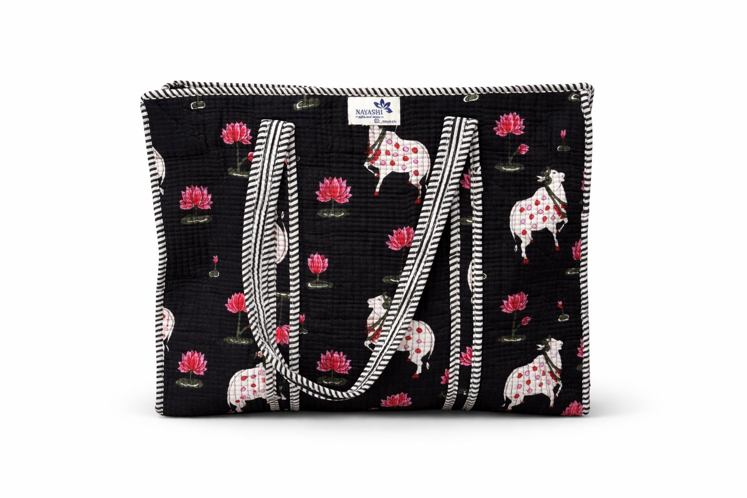NAYASHI Big Size Printed Cotton Tote Bag | Pichwai Quilted Design | Inner & Mini Pocket | Heavy Metal Zipper | Shopping, Office & Travel | Midnight Black | 18 x 18 Inches