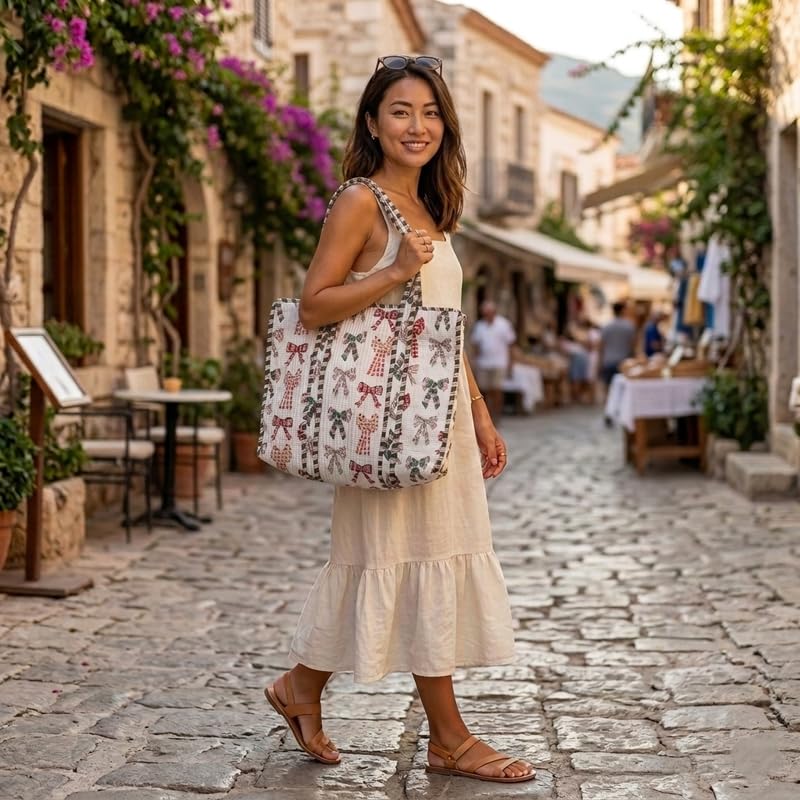 LOOMARTE Quilted Cotton Printed Tote Bag for Women & Girls - White