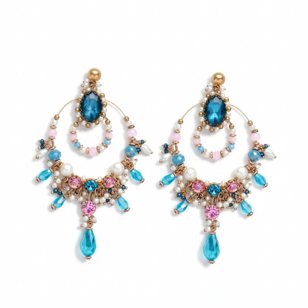 SANJOYA by EVERSTYLISH Embroidered Earrings for Women | Hoop Earrings with Stones, Beads, Pearls & Glass Drops | Lightweight Ethnic & Festive Jewelry for Weddings & Parties (Blue)