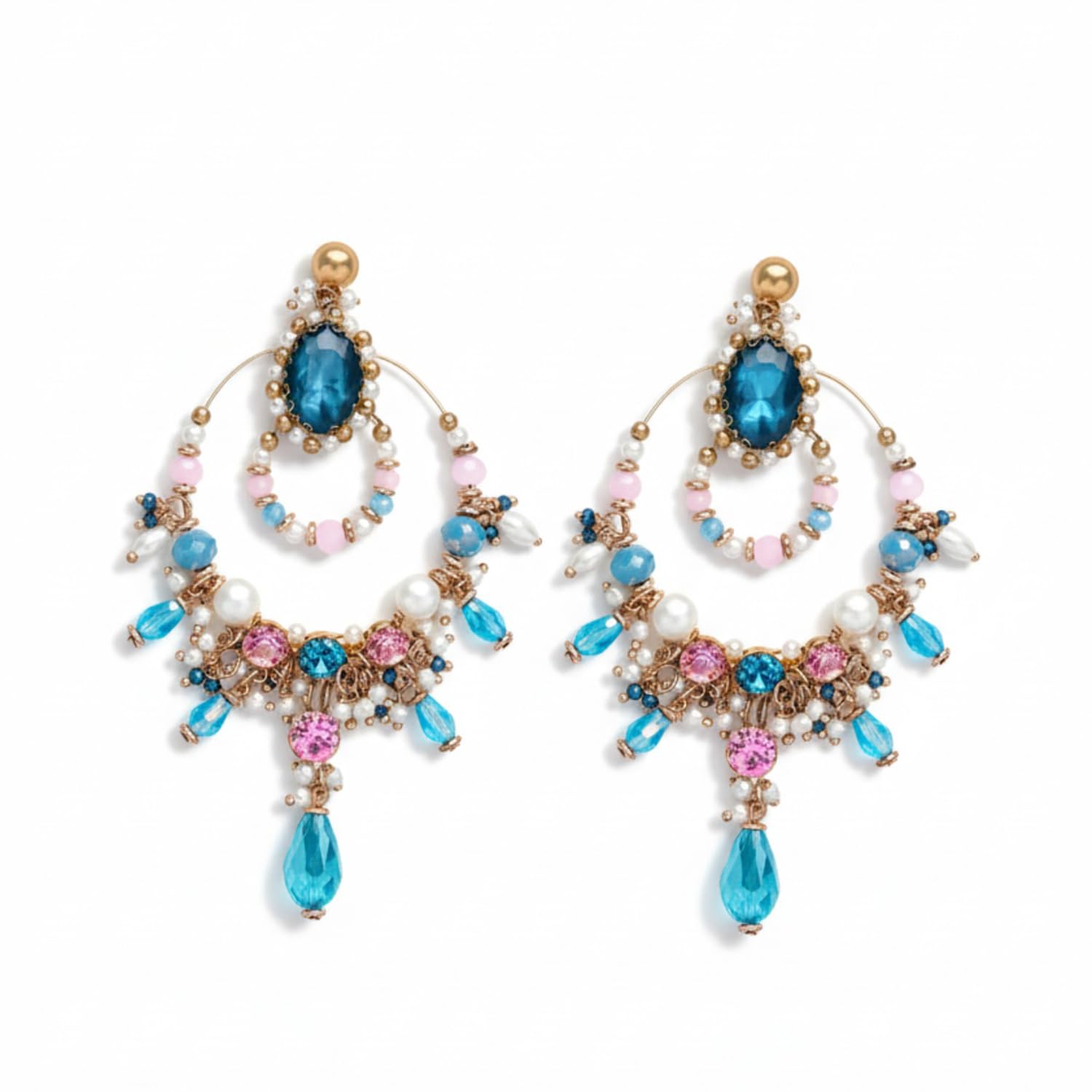 SANJOYA by EVERSTYLISH Embroidered Earrings for Women | Hoop Earrings with Stones, Beads, Pearls & Glass Drops | Lightweight Ethnic & Festive Jewelry for Weddings & Parties (Blue)