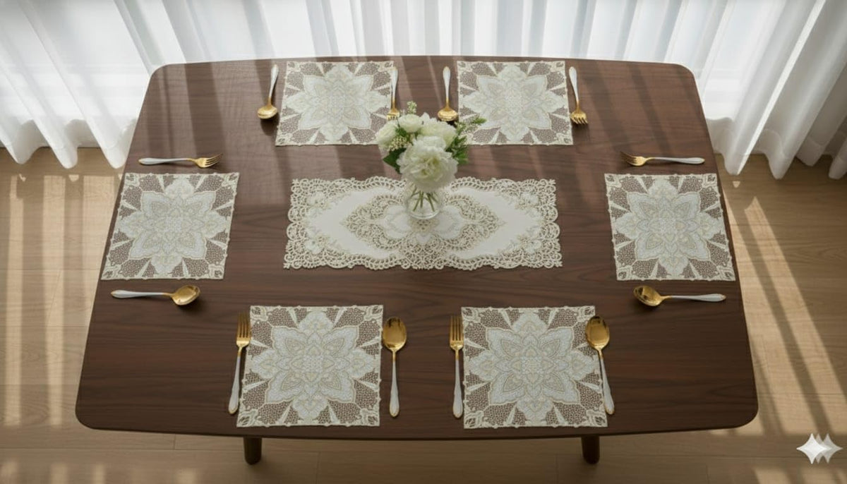 Combo Table Mat and Table Runner Set for Dining Table |Complete Table Cover Set for Plates & Cutlery |Suitable for Home and Everyday Use (Royal Square + Victorian, 6 pcs + 1 Runner) Kafalo