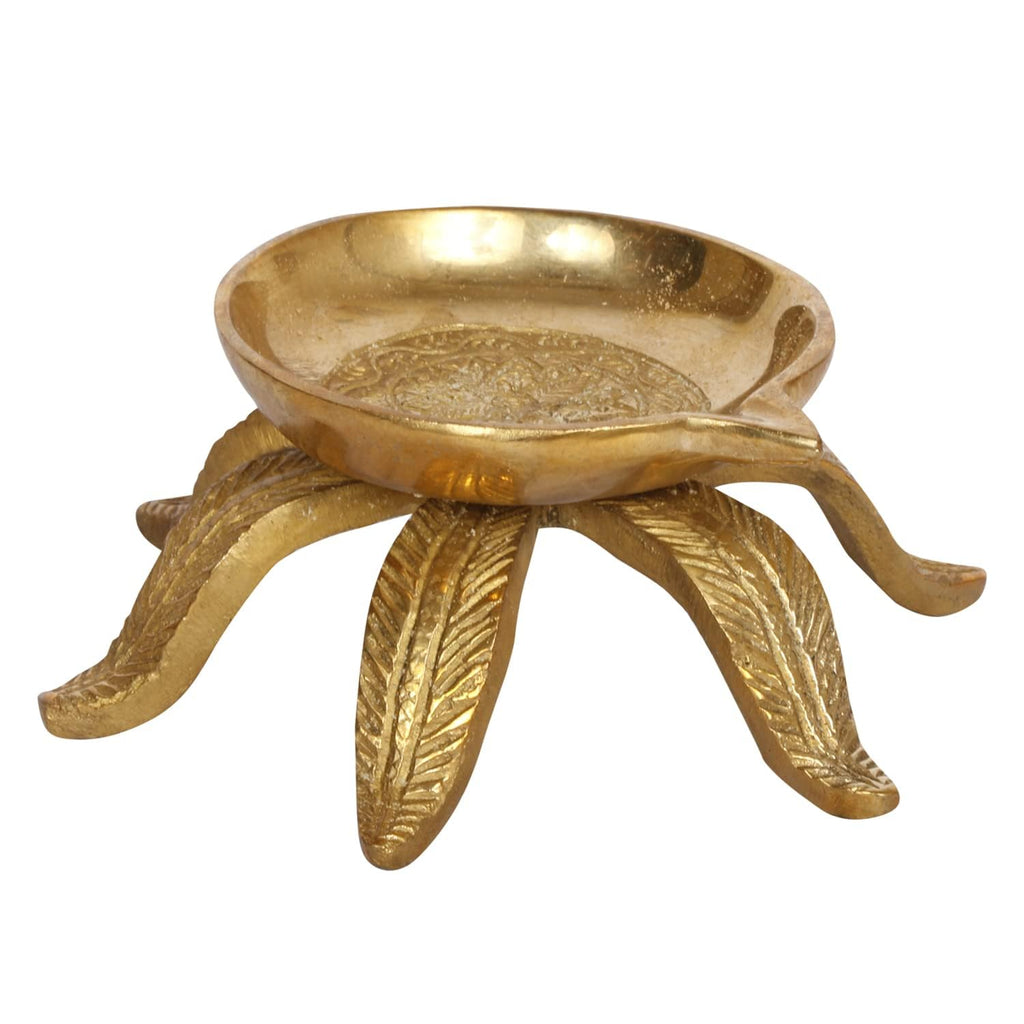 Svarup Brass Diya with Leaves Stand for Temple Aarti, Camphor Burn, Puja Jyot 5.5 Inch Gold Pack of 1