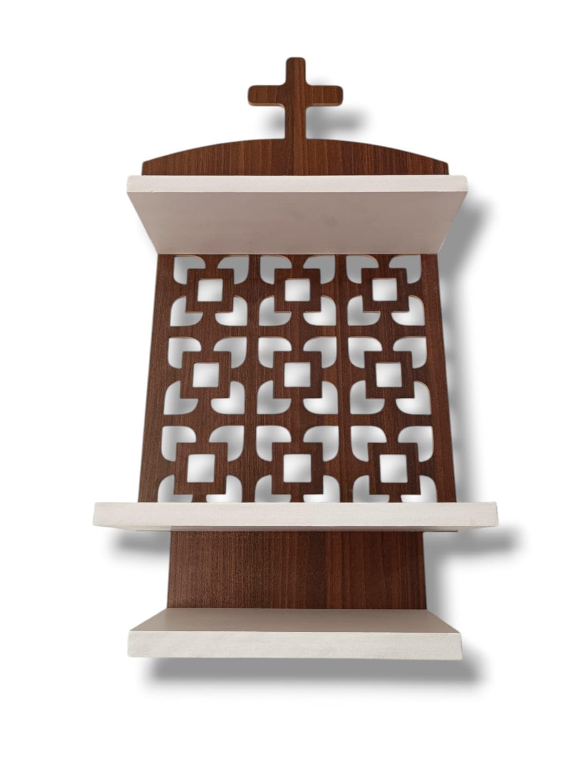 Antique Wooden Christian Jali Temple, Wall Mount Wooden Cross Temple, Home and Office Wall Mount Temple, God Wooden Prayer Temple, Jesus Cross Temple, Brown and White Wall Mount Home Decor Temple