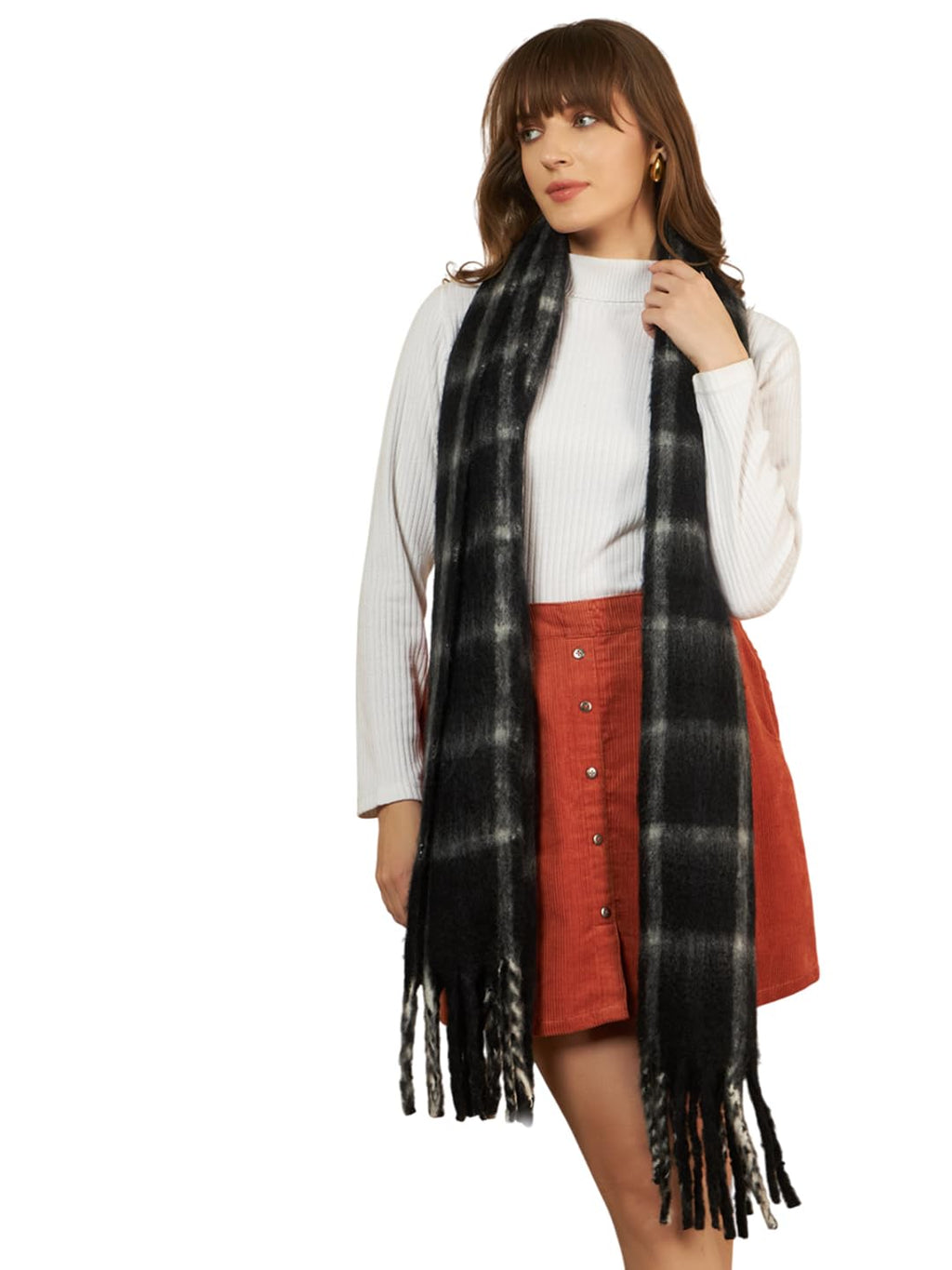 Ravaiyaa - Attitude is everything Women Reversible Acrylic Wool Scarf Winter Wear Muffler Designer Scarves 72x14 Inch (Black Checks)