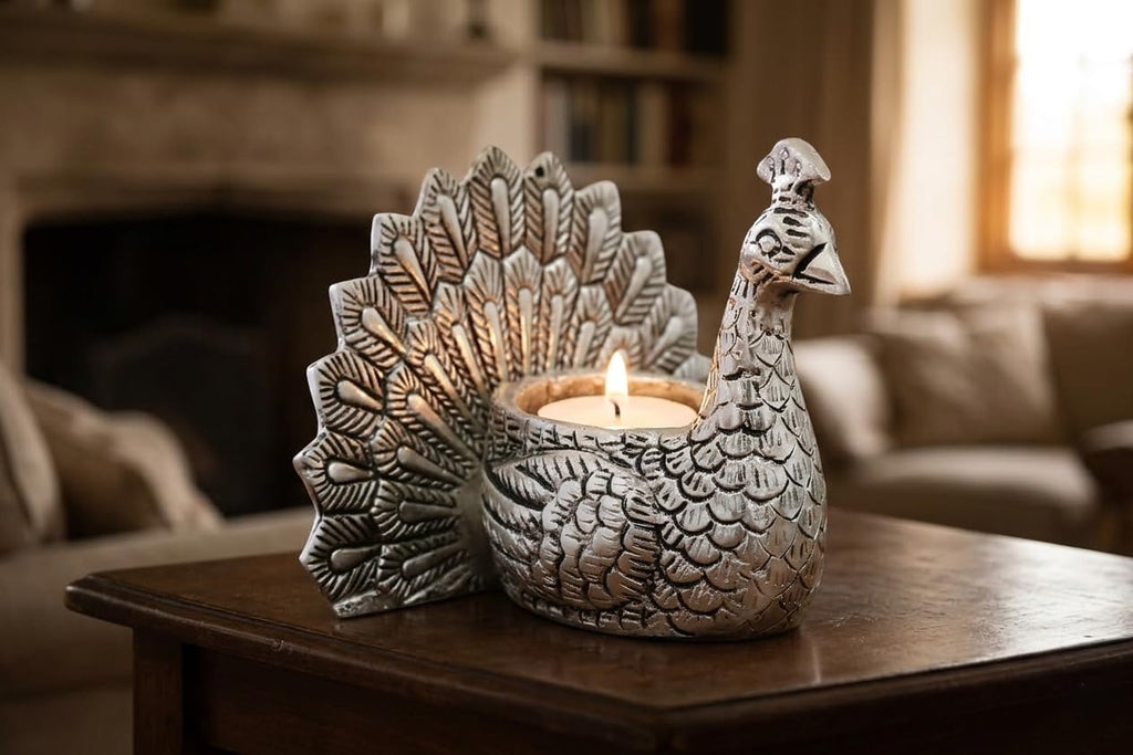 KridayKraft Designed with a Versatile Central Cavity, This Peacock Serves as a Stunning tealight Candle Holder, a mini Indoor Planter, a Unique Pen Stand,(Peacock Small Silver).