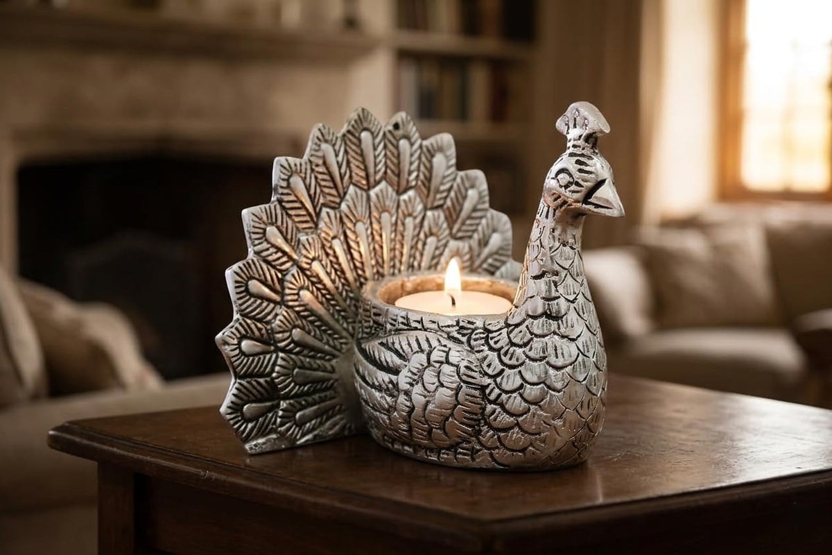 KridayKraft Designed with a Versatile Central Cavity, This Peacock Serves as a Stunning tealight Candle Holder, a mini Indoor Planter, a Unique Pen Stand,(Peacock Small Silver).