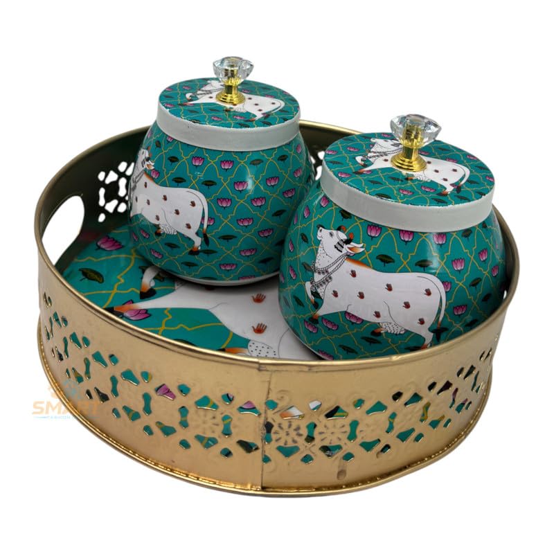 COOPTIC Handcrafted Multicolor Iron Pichwai Tray Set | Ethnic Decorative Trays for Serving, Festive Gifting & Home Décor | Storage jar for Dryfruits & Nuts (Single Green Cow)