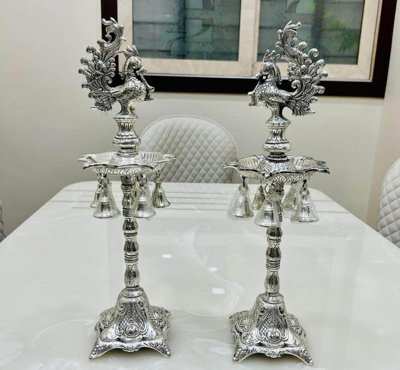 INTERNATIONAL GIFT Silver Plated Large Jyot with Peacock Showpiece | Puja Mandir | Decoration Room