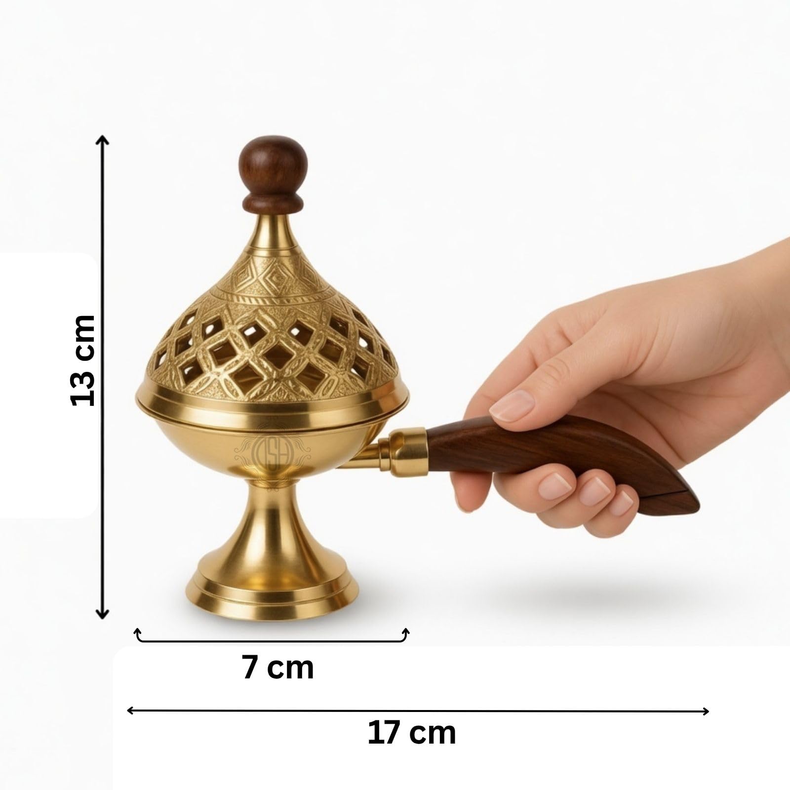 DSH Brass Loban Burner Home Purifying Dhoop Dani Bakhoor Holder Table Incense Burner with Wooden Handle for Home Decoration