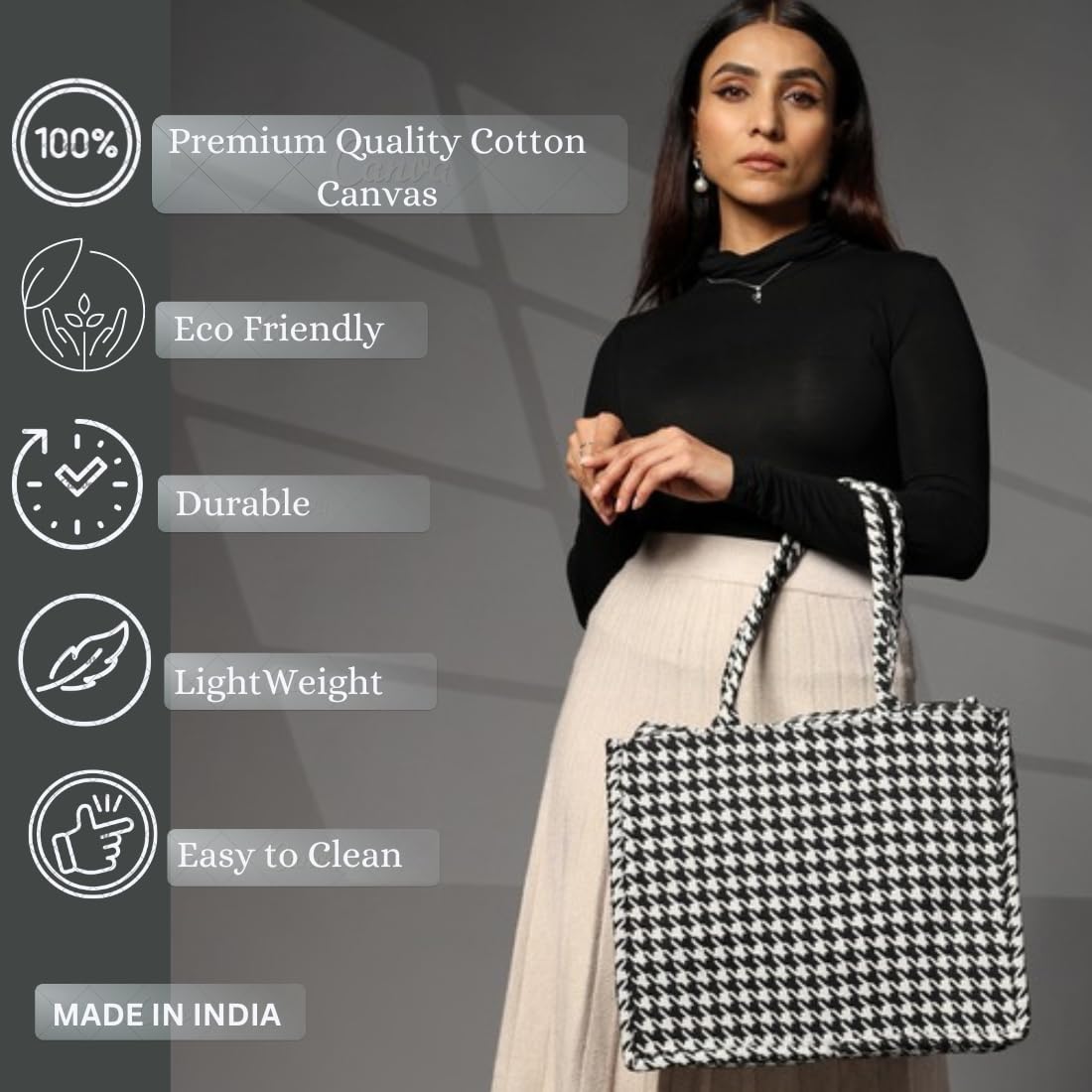 ENSAC Premium Cotton Tote Bag for Women, Stylish Handbag for women with Zip Closure | Fit for Office Bag, College, Travel Use | Handcrafted in India (Cutwork-tote-big) (Black)
