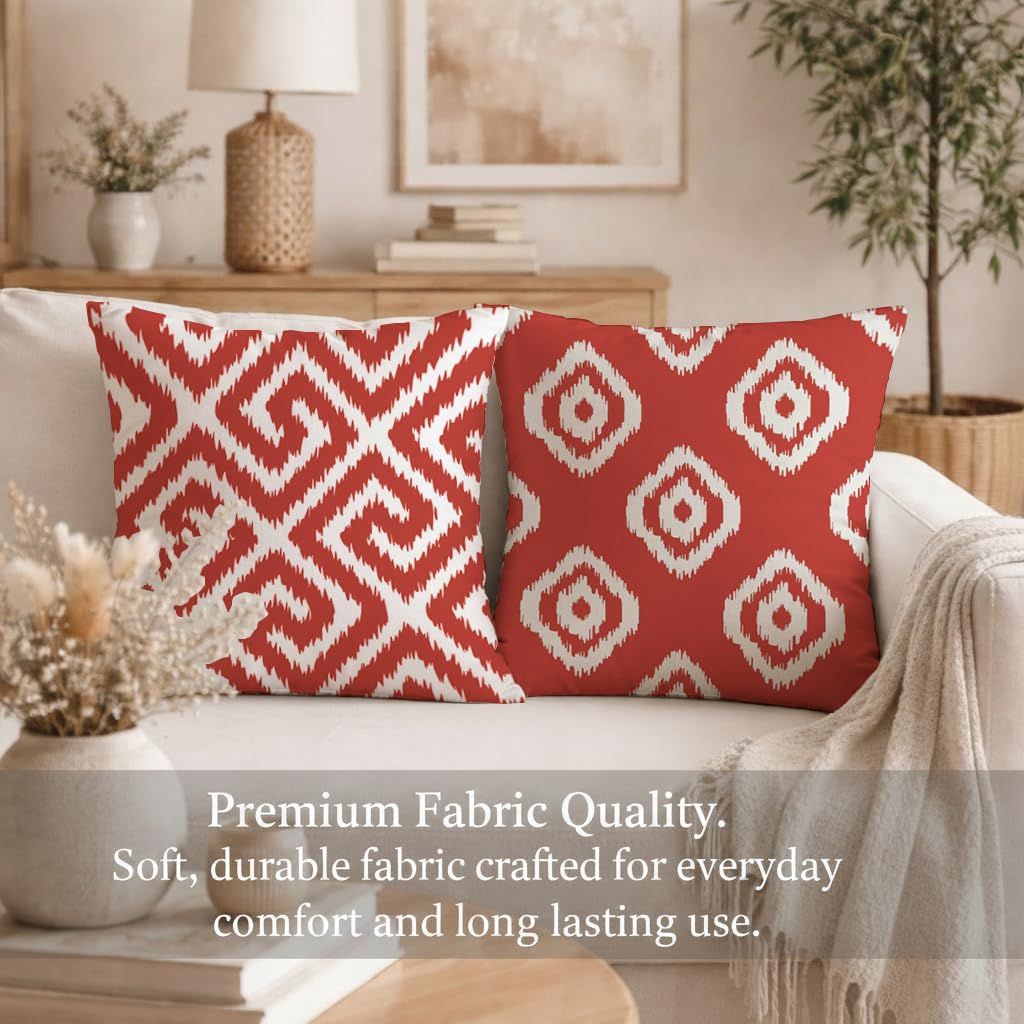 STITCHNEST Set of 2 Polycotton Cushion Covers – 24x24 Inches – Red & White Ikat Geometric Print – Elegant Cushion Covers for Sofa, Couch & Living Room | Perfect for Home Decor