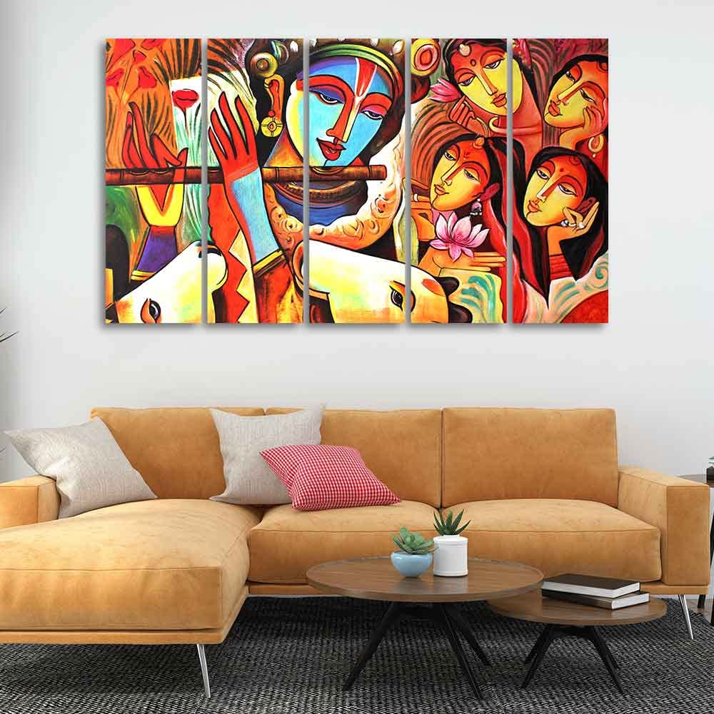 VIBECRAFTS Radha Krishna Beautiful Wall Painting of Five Pieces For Home|Office|Living Room|Gift (PTVC5Pcs4_8706)
