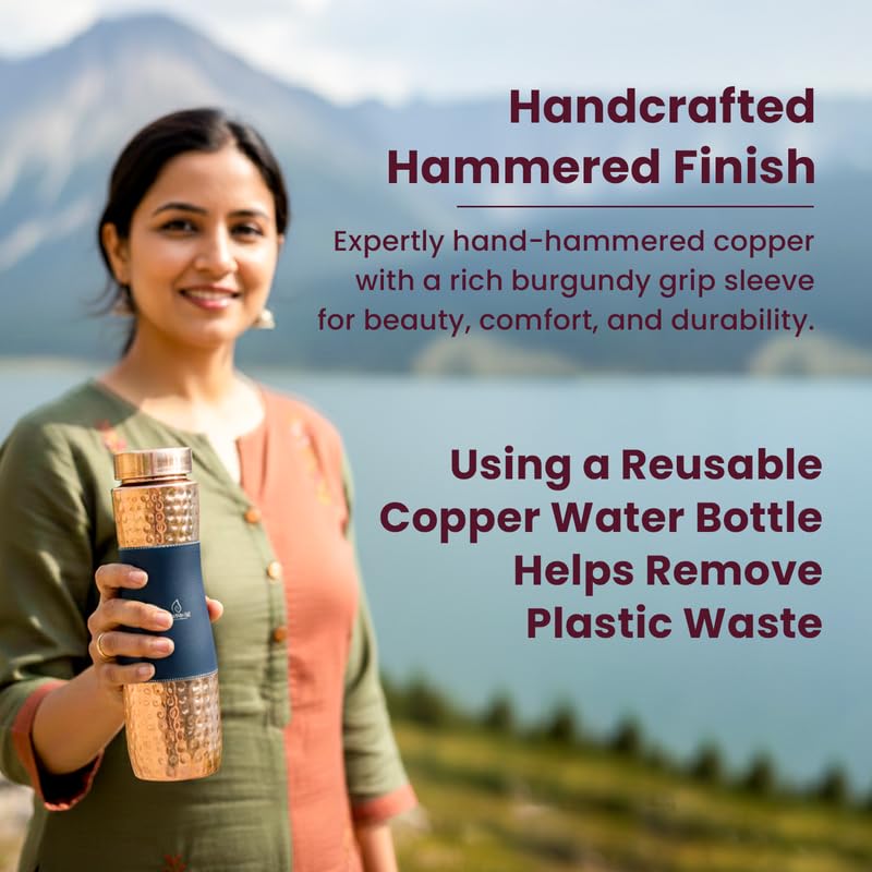 AURASHIE Pure Copper Drinkware Gift Set of 1 Bottle & 2 Glasses with Box | Pure Hammered Copper Drinkware | Gift Set for Birthday, Parties, Weddings & Festivals (Blue Grip Sleeve)