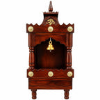 Panchmukhi Solid Sheesham Wood Temple for Home | Handcrafted Wooden Pooja Mandir with Hanging Bell & Om Design | Premium Brown Finish Mandir for Puja Room | 13x6x7 Inch (LWH)