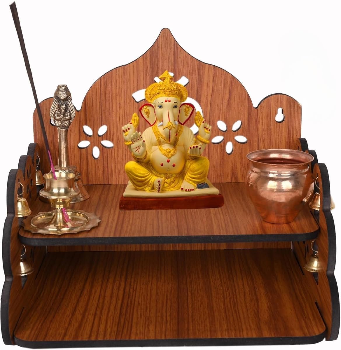 AR Art Engineered Wooden Pooja Mandir Temple Om Floral Design for Wall Mounted Home & Office (L-8, W-8, H-9 Inch) Light Brown – Elegant Spiritual Décor for Worship