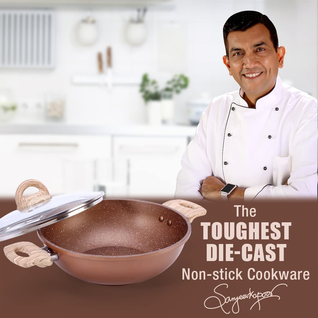 Wonderchef Duralife Die-cast Non-Stick Kadhai with Glass Lid 24cm for Kitchen, Non-Toxic, Chemical & PFOA Free Duramax Coating, Low-Oil Cooking, Gas Stove & Induction Friendly, 2-Yr Warranty, Copper