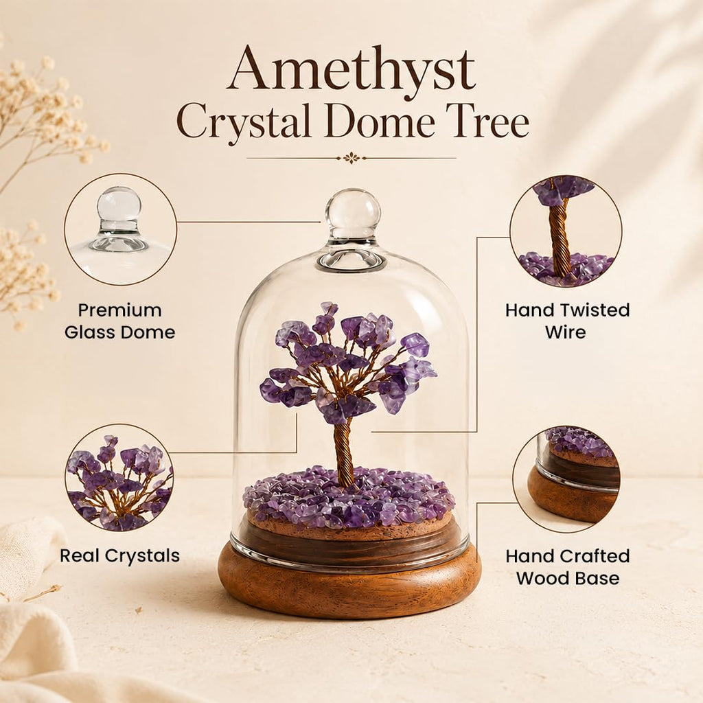 Ritualistic Amethyst Dome Crystal Wish Tree | Purple Gemstone Bonsai with Glass Dome | Healing, Third Eye & Crown Chakra Activation | Vastu & Feng Shui Spiritual Tree | Reiki Home Décor & Premium Gift