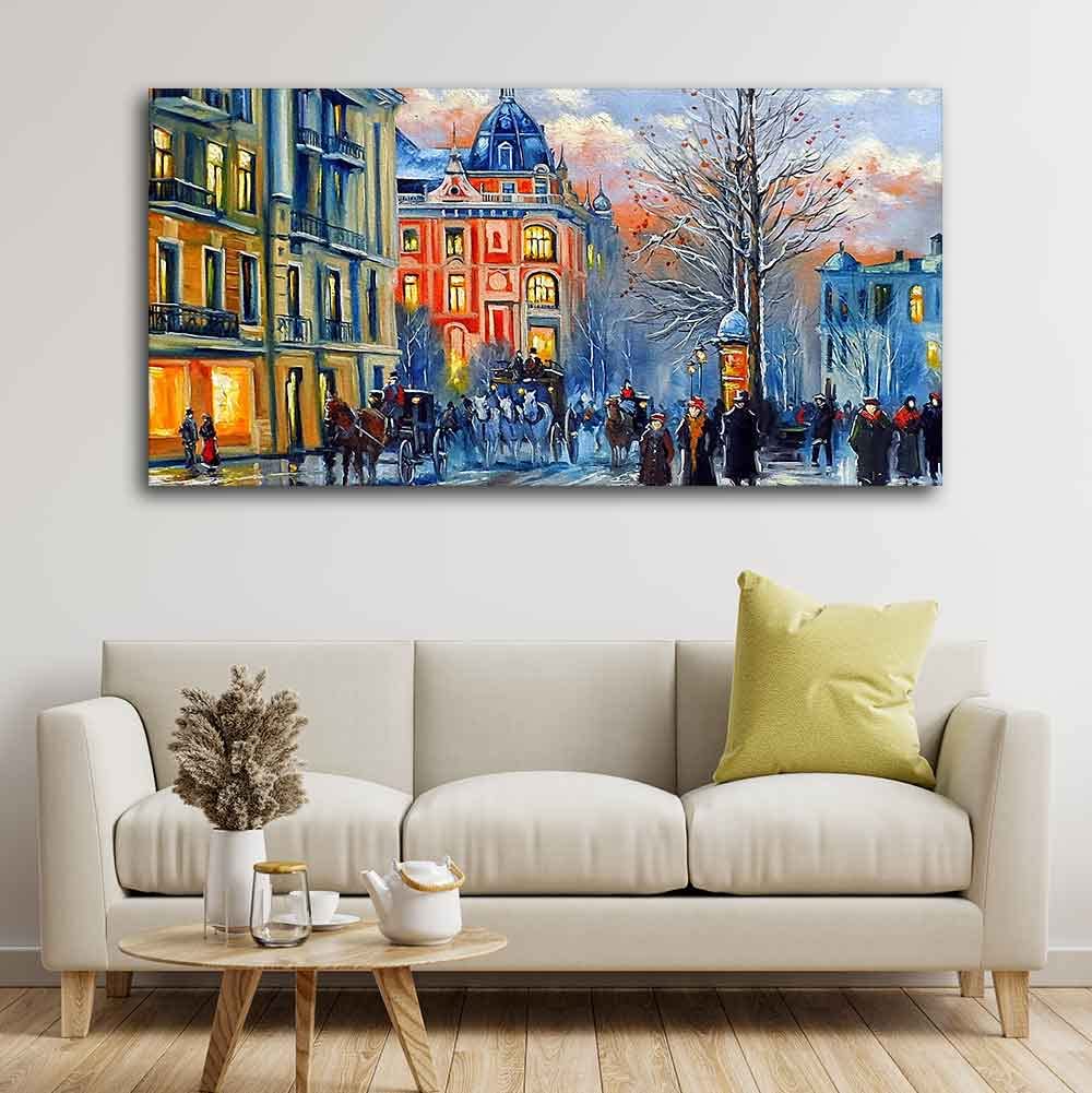 VIBECRAFTS Canvas Paintings for Living Room Drawing Room Old City In Winter Canvas Wall Painting Fitted With Wooden Frame for Home | Office | Gift (PTVCH_2446)