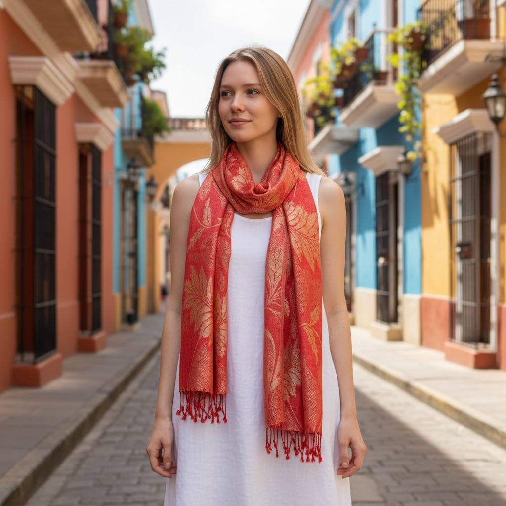 STOLE STUDIO Embellished Leaf Luxurious Viscose Stole Scarf (Red/Beige)